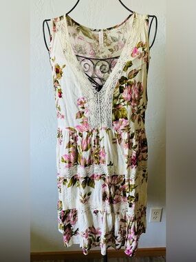 Xhilaration Floral Crochet-Trim Tiered Dress - Pink on Cream
